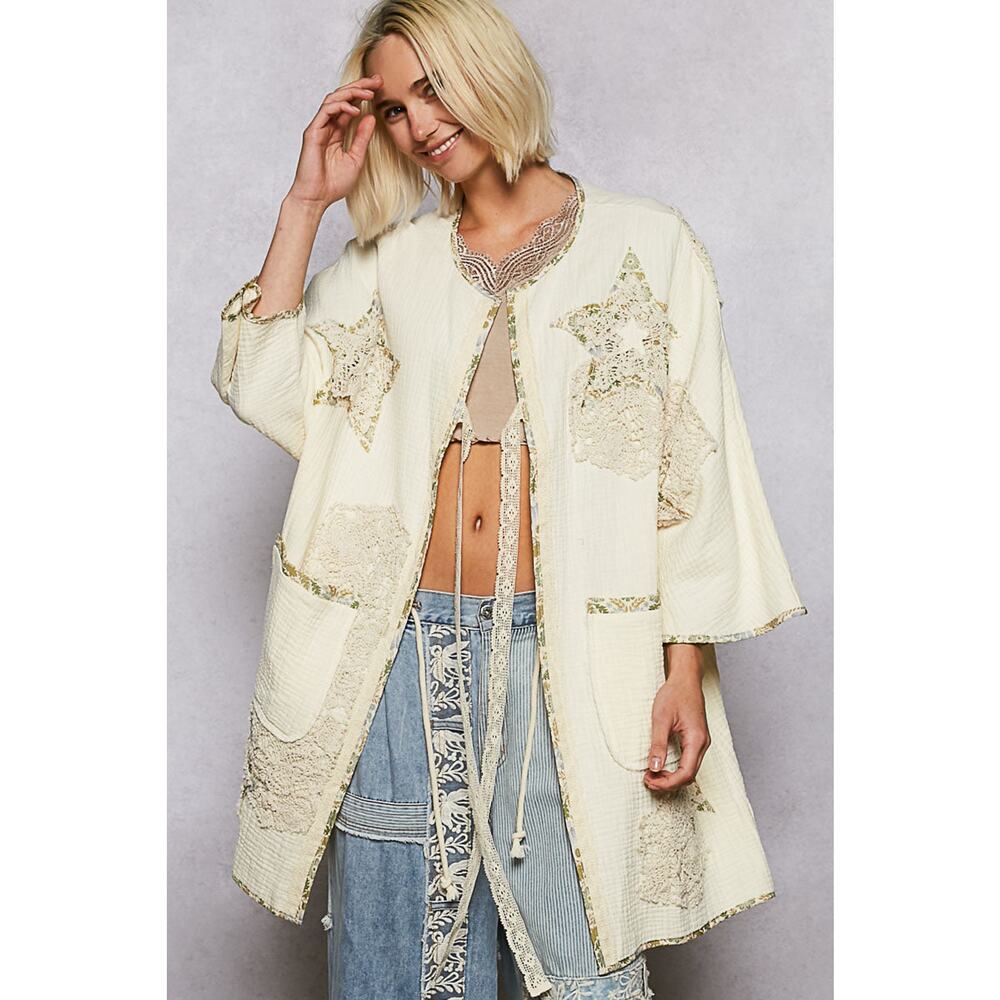 POL Cream Embroidered Patchwork Tie-Front Coat